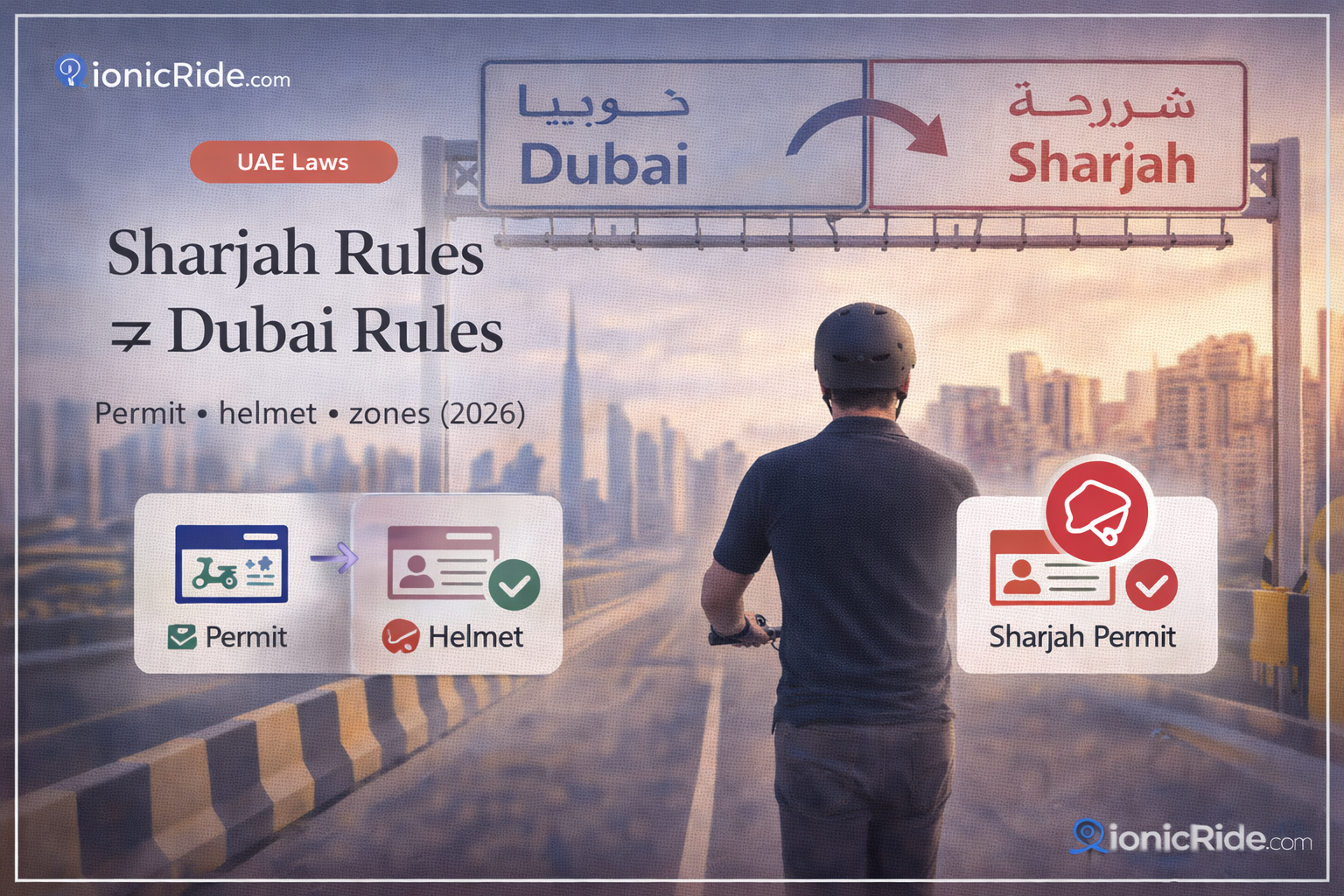 E-scooter Sharjah laws 2026 featured image explaining different rules from Dubai including permits, zones and enforcement