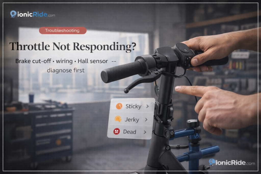 E-scooter throttle not responding troubleshooting featured image showing a scooter with diagnostic icons for brake cut-off, battery and controller