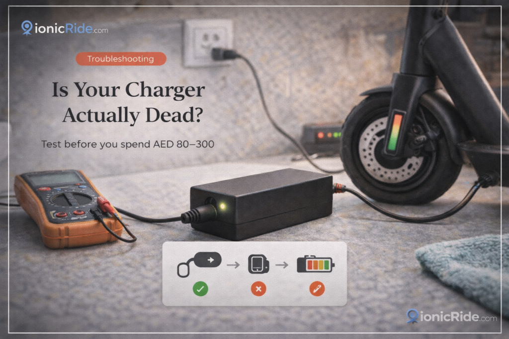 E-scooter charger troubleshooting setup showing charger, scooter, multimeter and safe test points for diagnosing charging issues