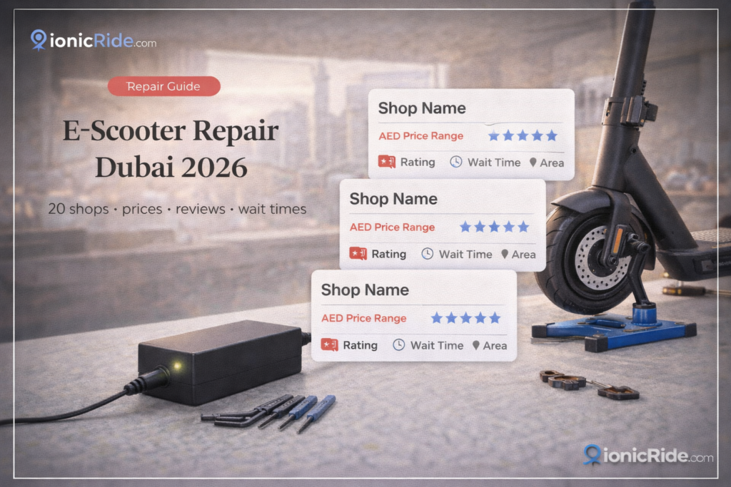 E-scooter repair in Dubai 2026 featured image showing a scooter being serviced with tools and diagnostic equipment in a workshop