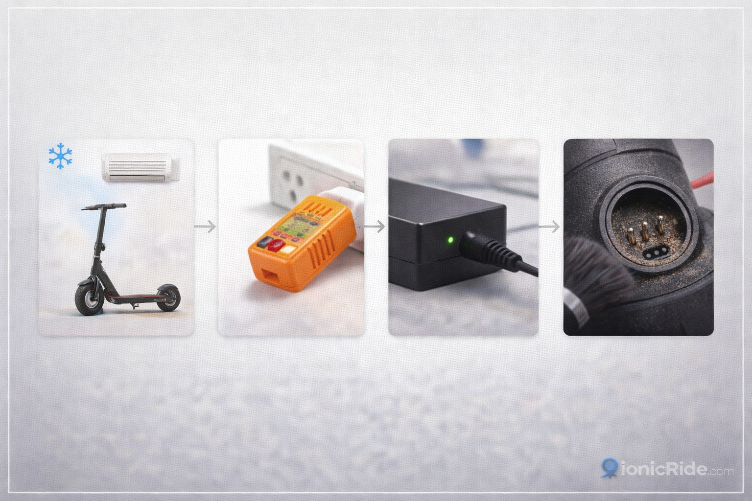 Fast Not-Charging Diagnostic Flow — Step-by-Step Checks Fast diagnostic flowchart for e-scooter not charging showing step-by-step checks for charger, port, battery voltage and BMS