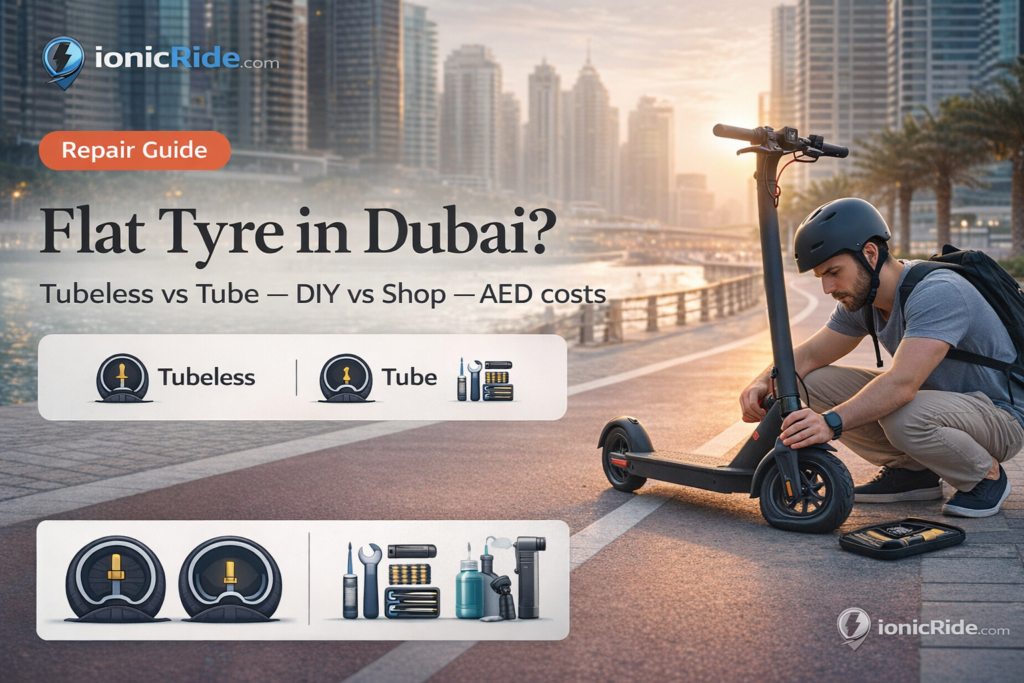 Flat tire fix for an e-scooter in Dubai morning scene showing a scooter with a punctured tire and repair tools ready