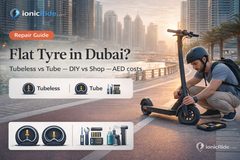 Flat tire fix for an e-scooter in Dubai morning scene showing a scooter with a punctured tire and repair tools ready