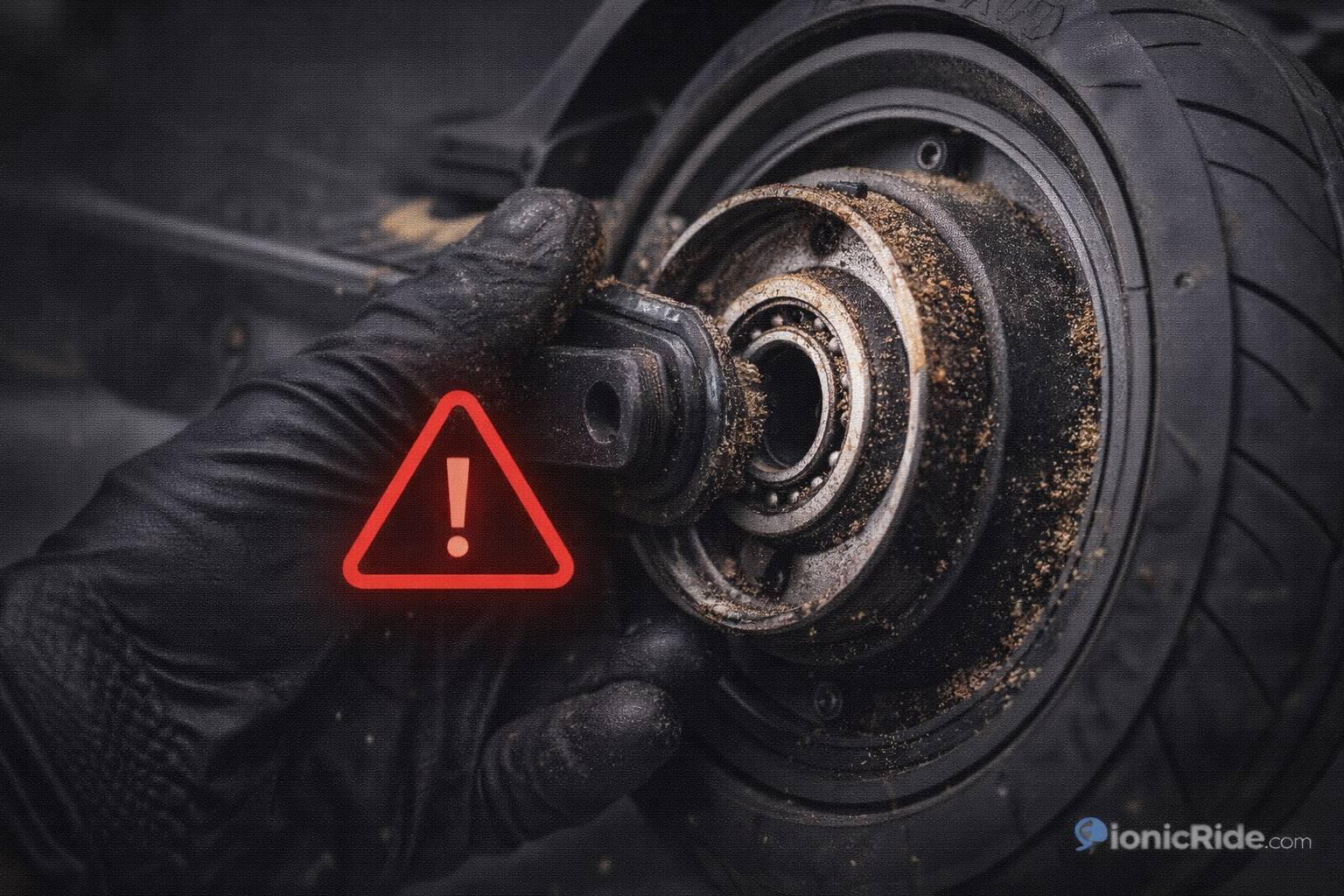 Rear wheel or hub motor grinding noise warning image showing bearing inspection and debris near seals indicating stop riding