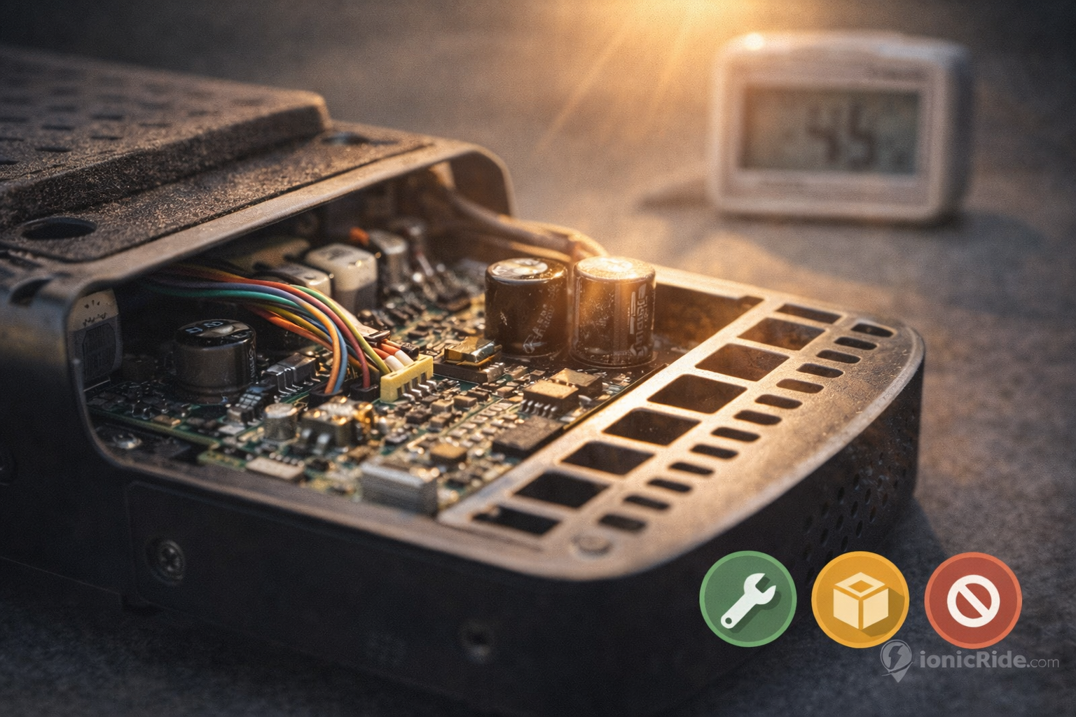 Heat damaged electric scooter controller board showing burn marks and failed components caused by overheating or high current