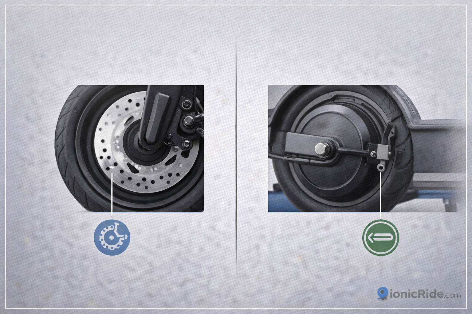 Infographic to identify e-scooter brake type showing disc brakes versus drum brakes and key visual differences