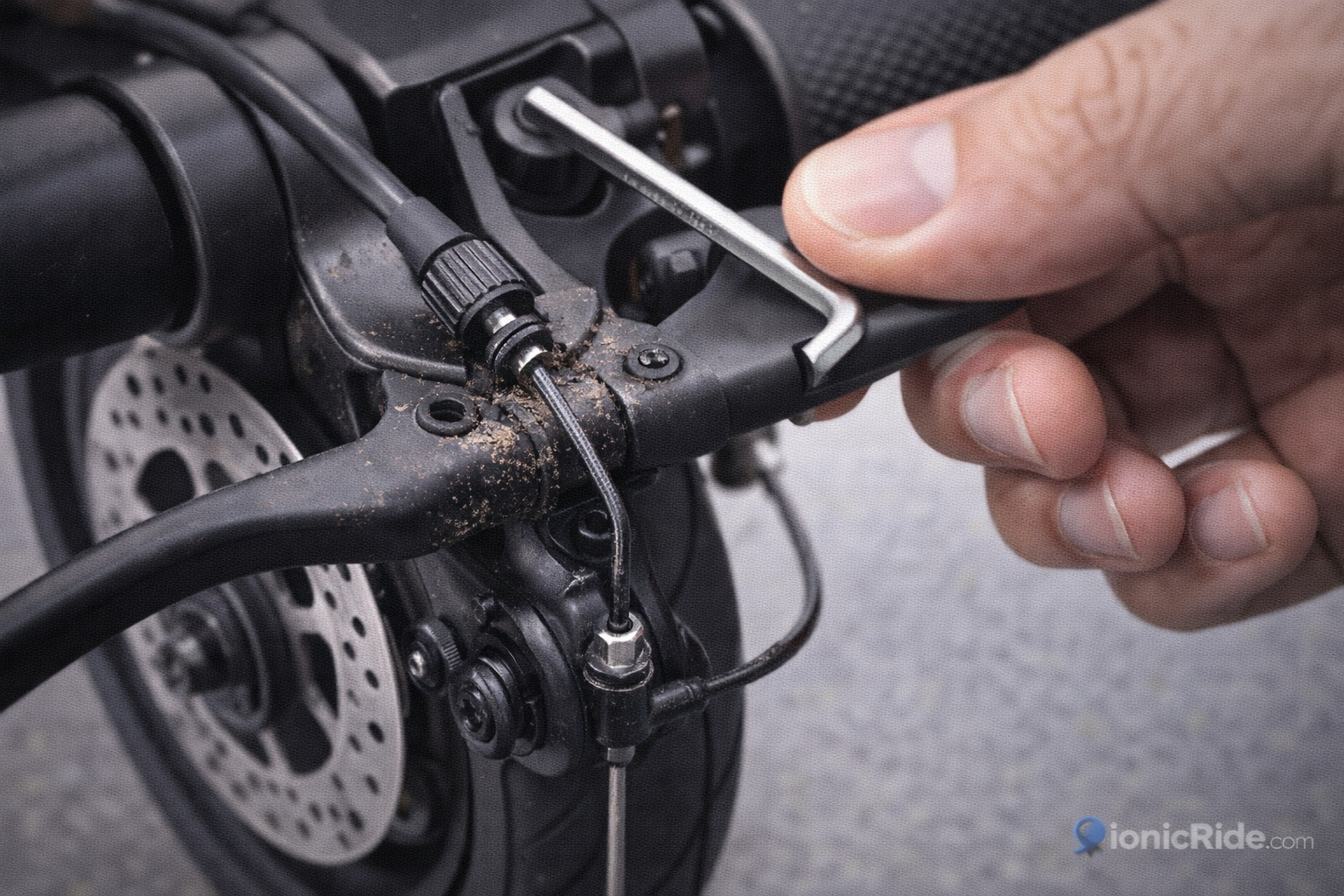 Mechanical disc brake adjustment diagram for an e-scooter showing caliper alignment, cable tension and pad clearance