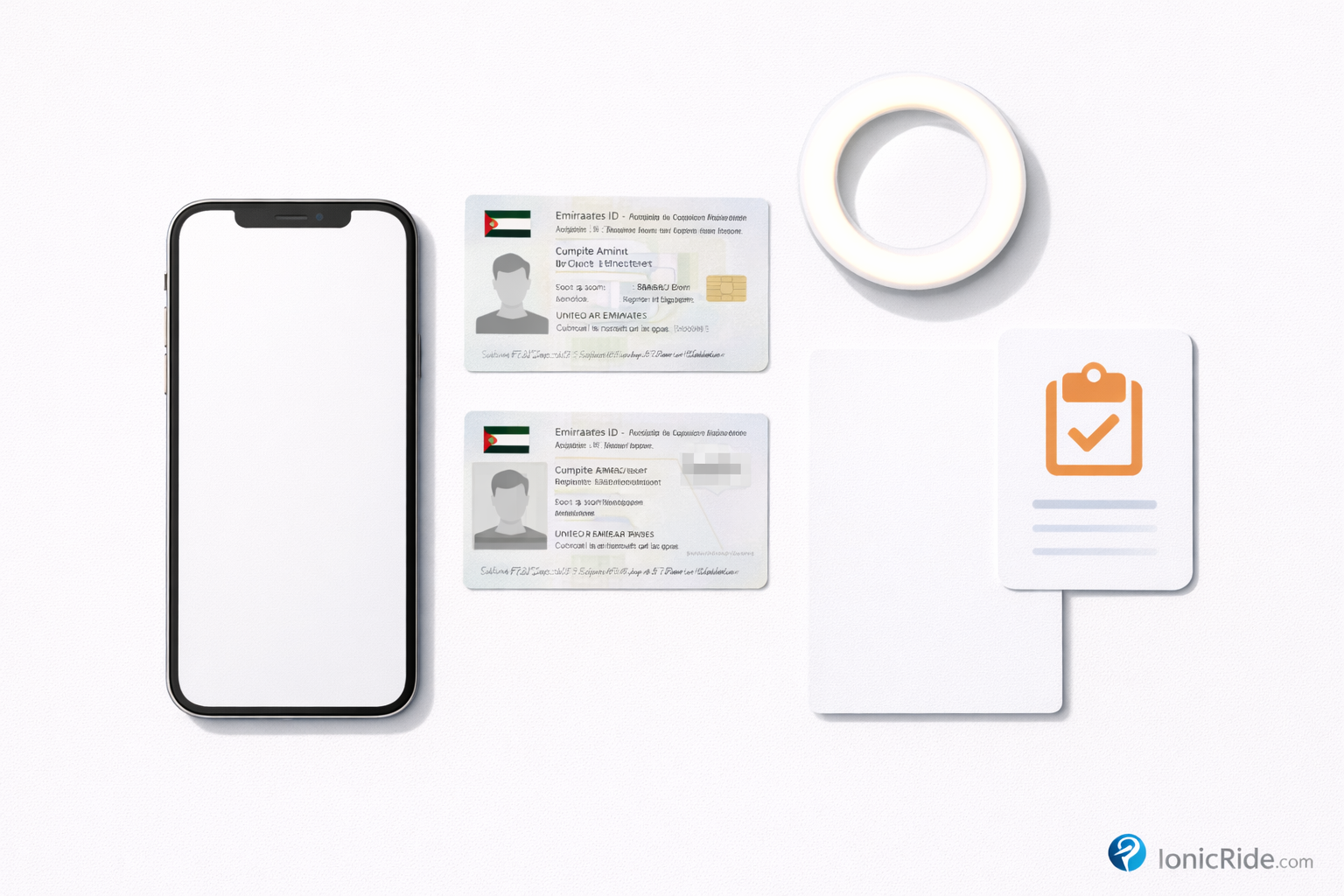 Online Application Essentials — What to Prepare Flat lay of online application essentials for an RTA e-scooter permit including phone, ID and required photo setup
