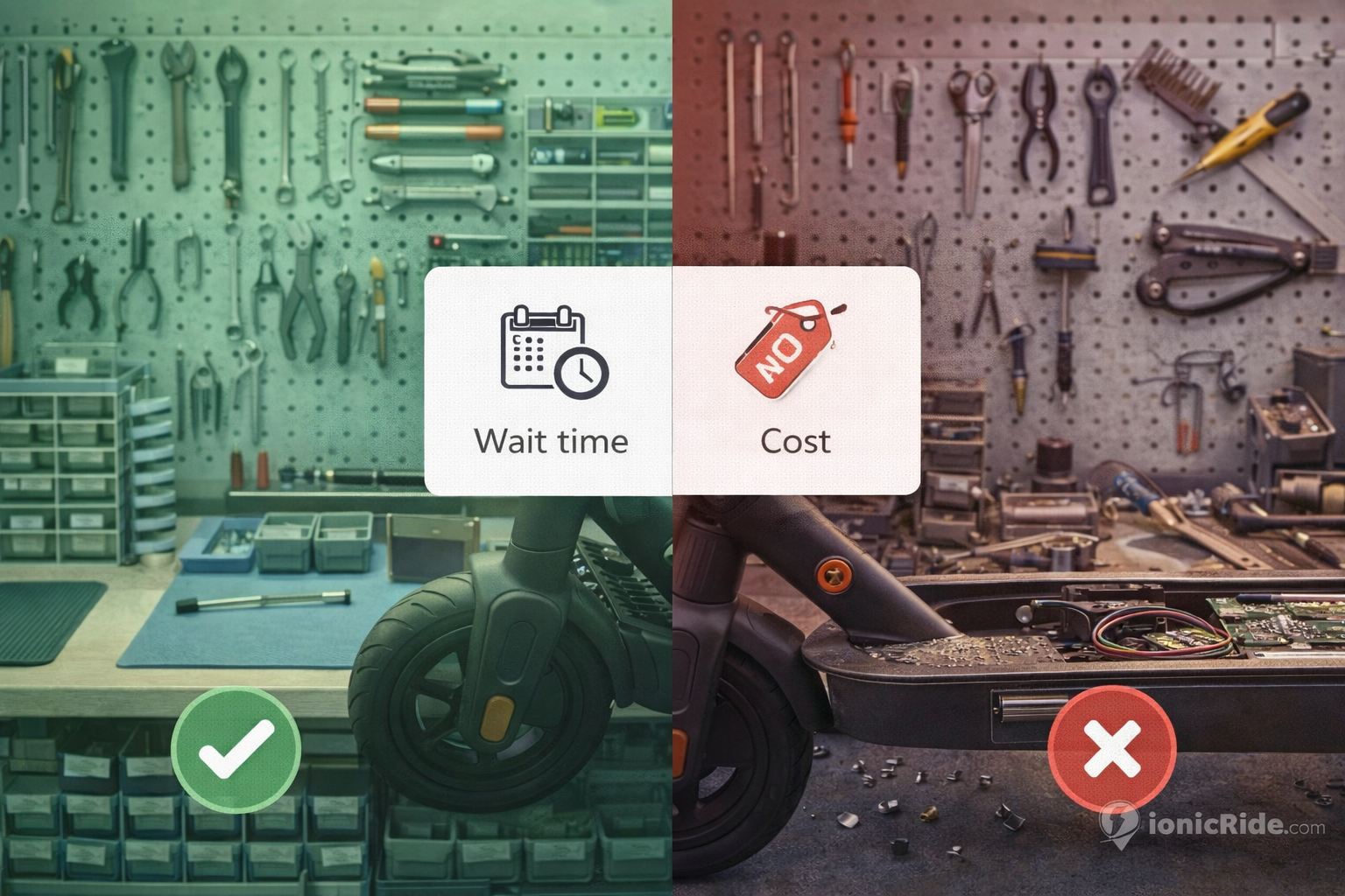 Organized vs Disorganized Repair Shop — How to Spot Quality Organized vs disorganized e-scooter repair shop comparison showing clean workbench and proper tools versus messy unsafe workspace