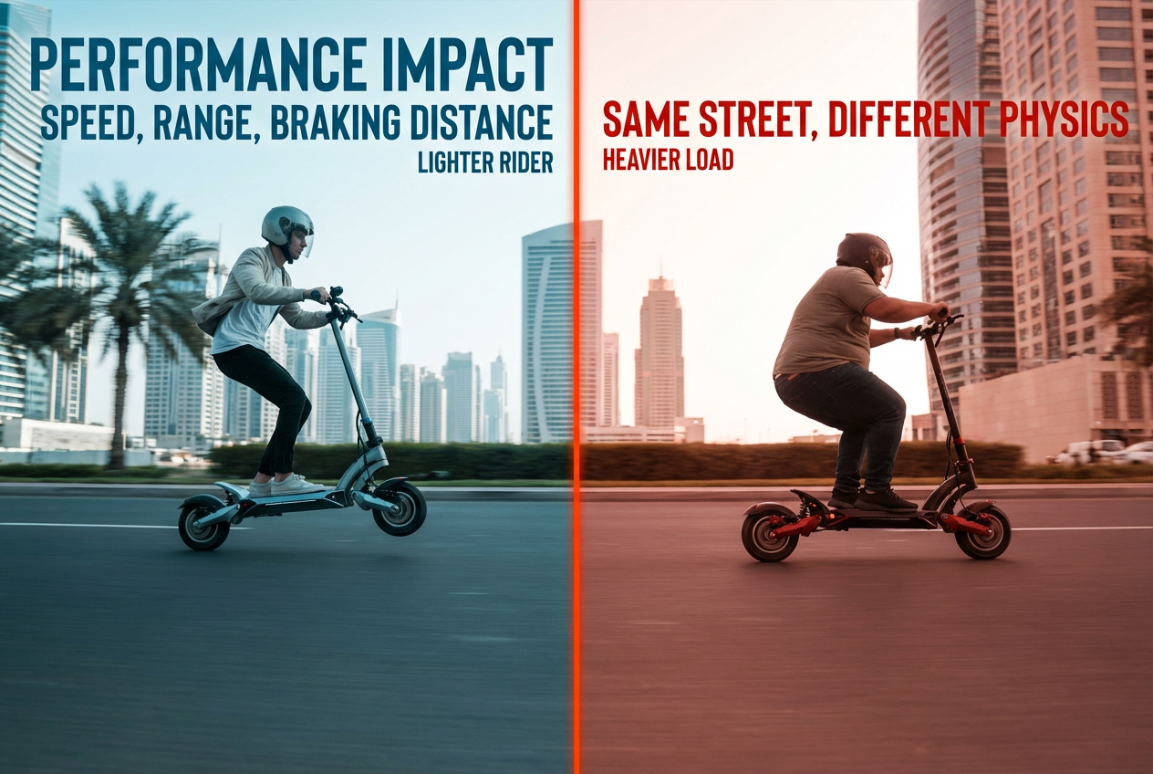 Performance impact of exceeding weight limit on electric scooter — speed, range and braking distance