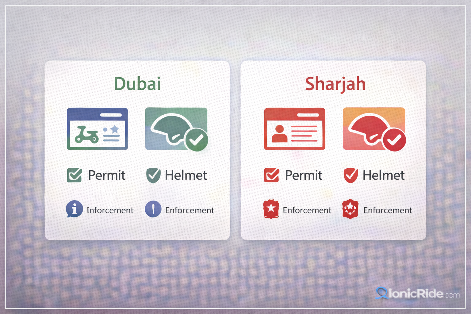 Comparison infographic of permit and helmet rules in Dubai vs Sharjah for e-scooter riders showing key differences