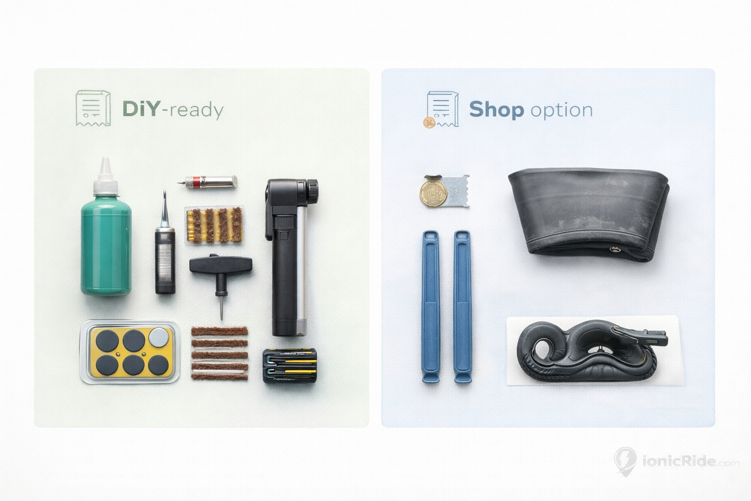 E-scooter puncture repair kit essentials for Dubai including tire plugs, patches, levers, valve tool, mini pump and sealant