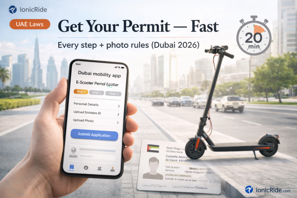 RTA e-scooter permit online featured image showing a fast application process with photo submission steps and required documents