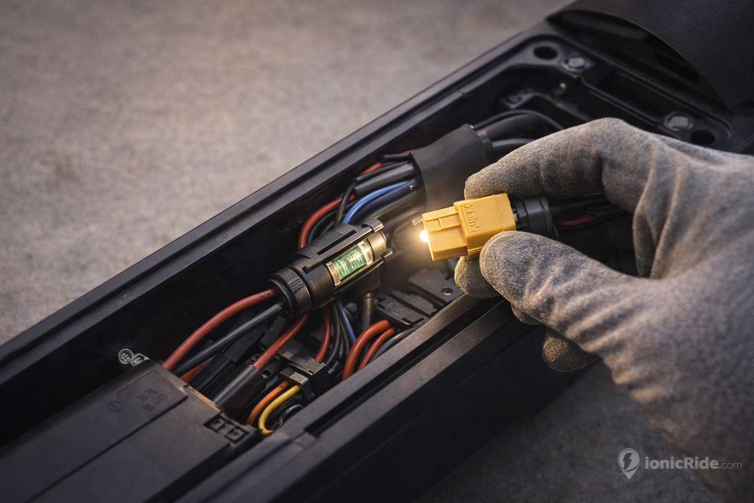 E-scooter battery repair in progress showing an opened battery pack being inspected and tested in a workshop