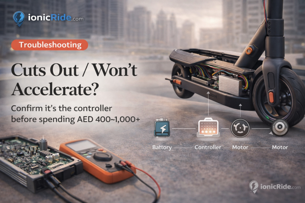 Electric scooter controller troubleshooting in a workshop showing diagnostic tools and wiring checks for power and throttle issues