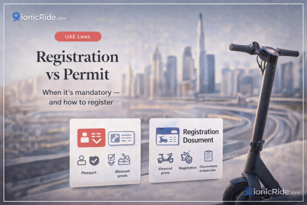 Scooter registration and permits in Dubai featured image showing an e-scooter with document icons for riding permit and vehicle registration