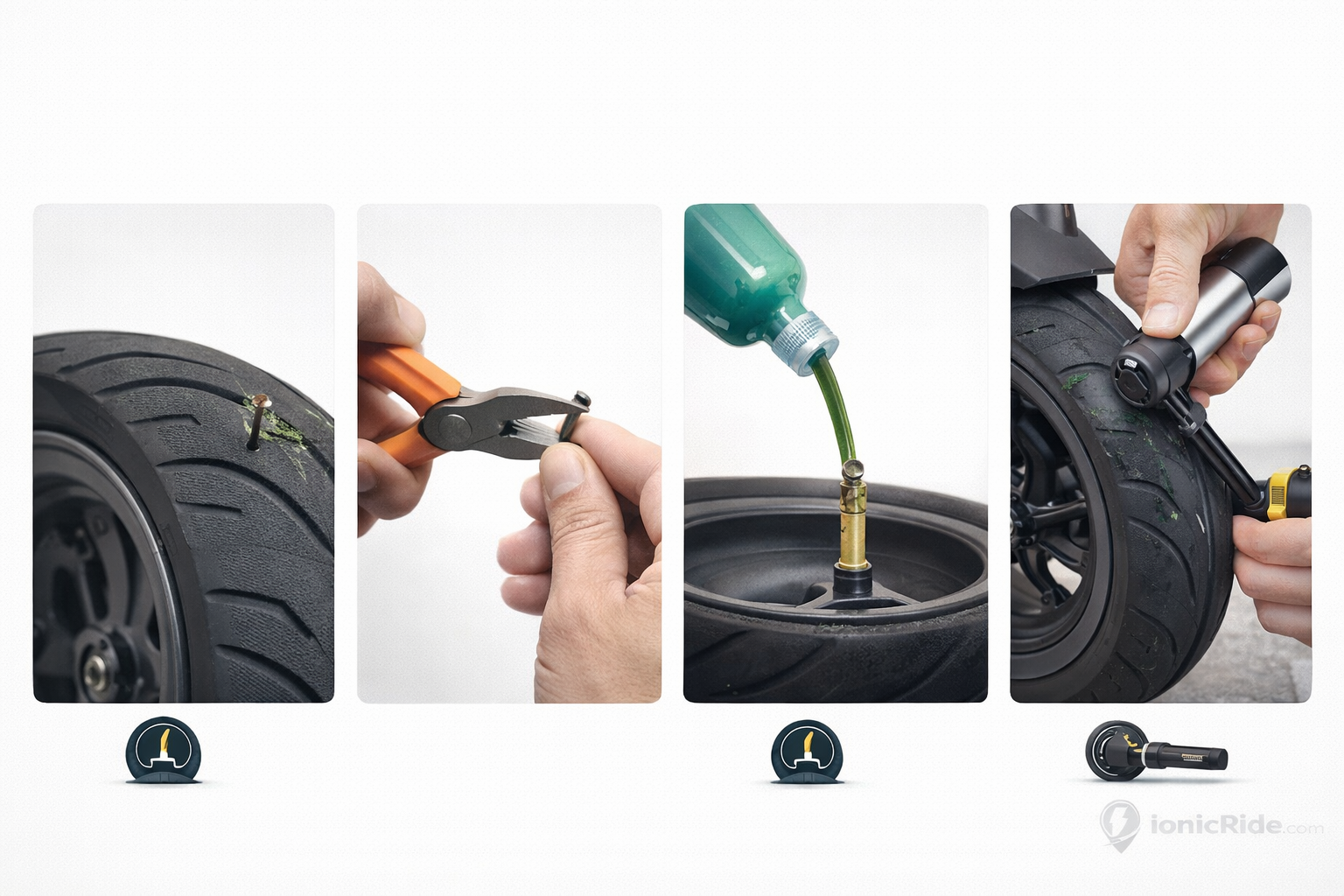 Step-by-step e-scooter tire puncture repair guide showing removal, inspection, patching or plug, reinflation and final checks