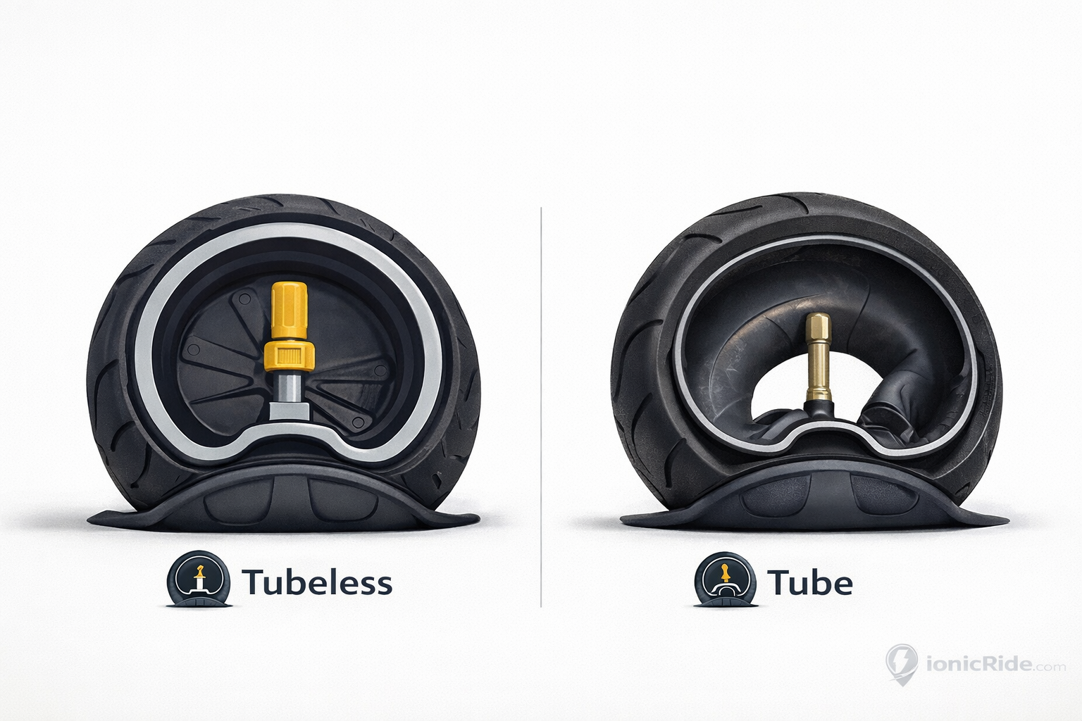 Tubeless vs tube e-scooter tire comparison chart showing puncture behavior, ride feel, maintenance and repair difficulty