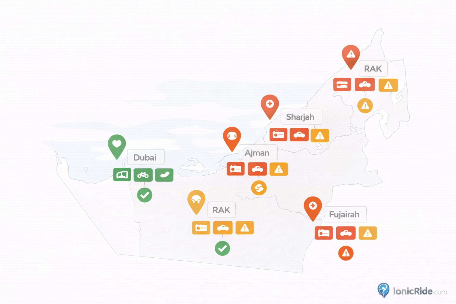 UAE Map — Emirate-by-Emirate Rule Overview UAE map with color-coded pins showing emirate-by-emirate e-bike and e-scooter rule variations and key locations