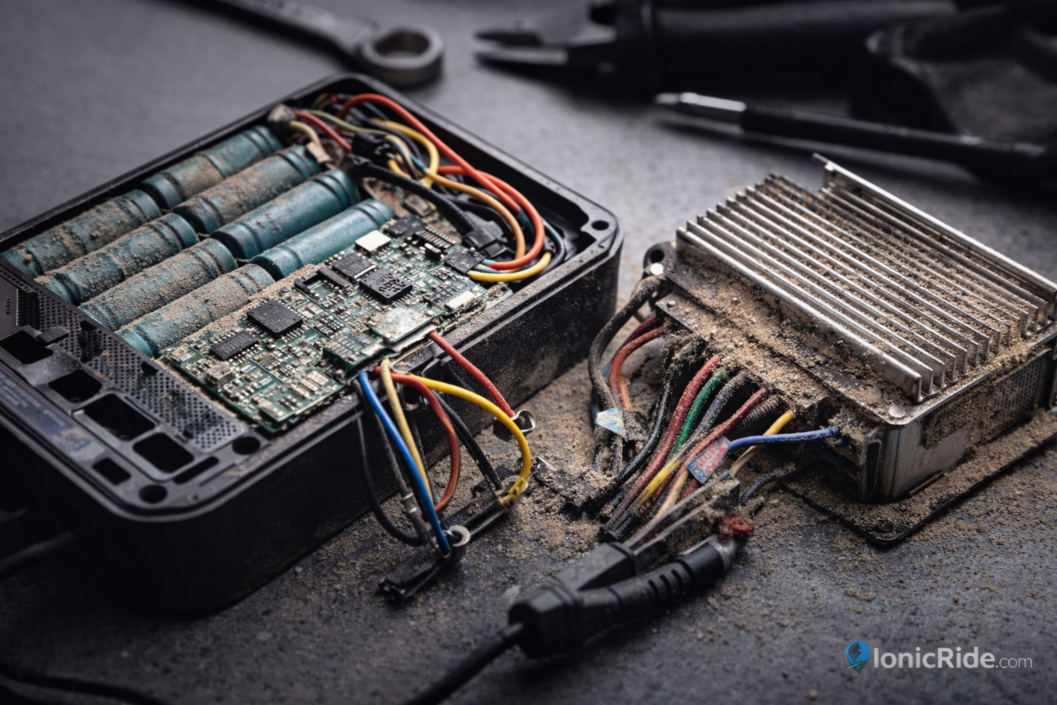 Where Cheap E-Scooters Cut Corners — What to Watch Infographic showing where cheap e-scooters cut corners including battery cells, brakes, tires, wiring and frame quality