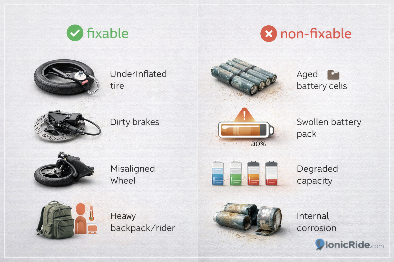 Fixable range killers for e-scooters infographic including low tire pressure, brake rub, heavy load, high speed and poor charging habits