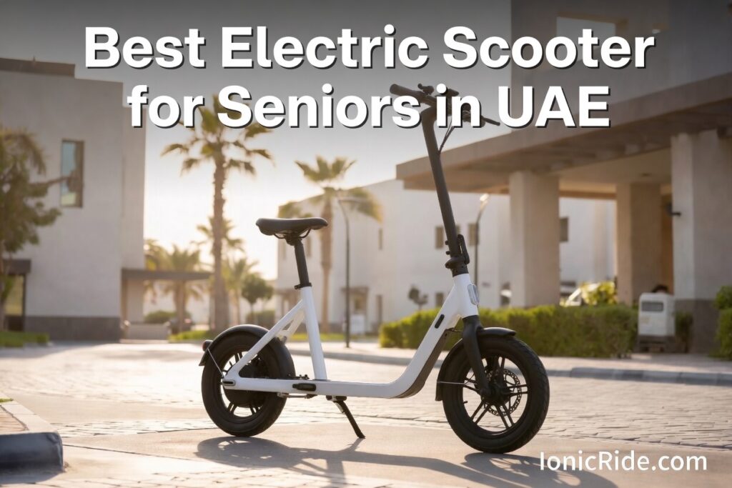 Senior rider using a comfortable electric scooter on a safe pathway in the UAE during sunset