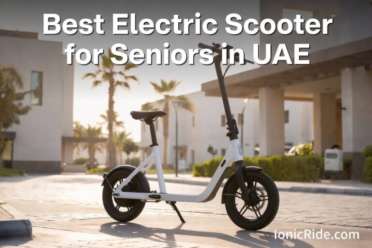 Senior rider using a comfortable electric scooter on a safe pathway in the UAE during sunset