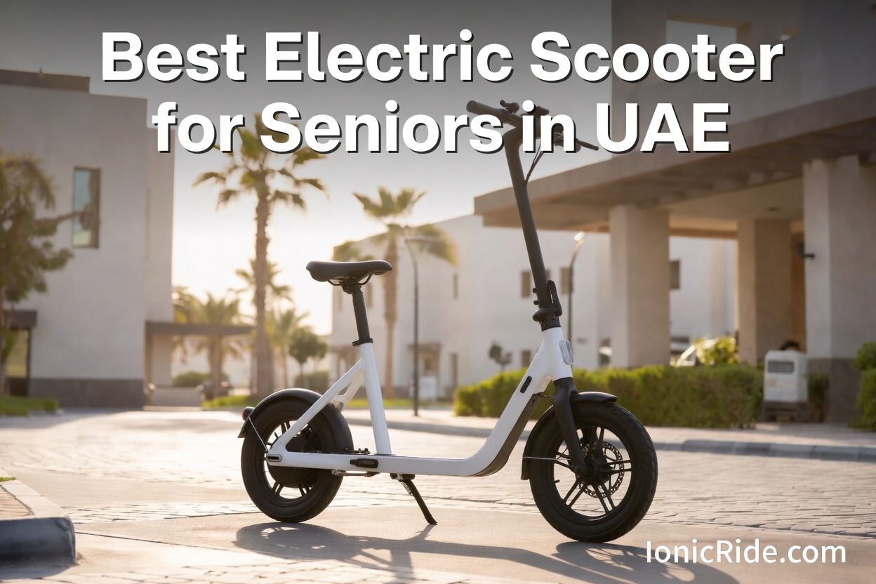 Senior rider using a comfortable electric scooter on a safe pathway in the UAE during sunset