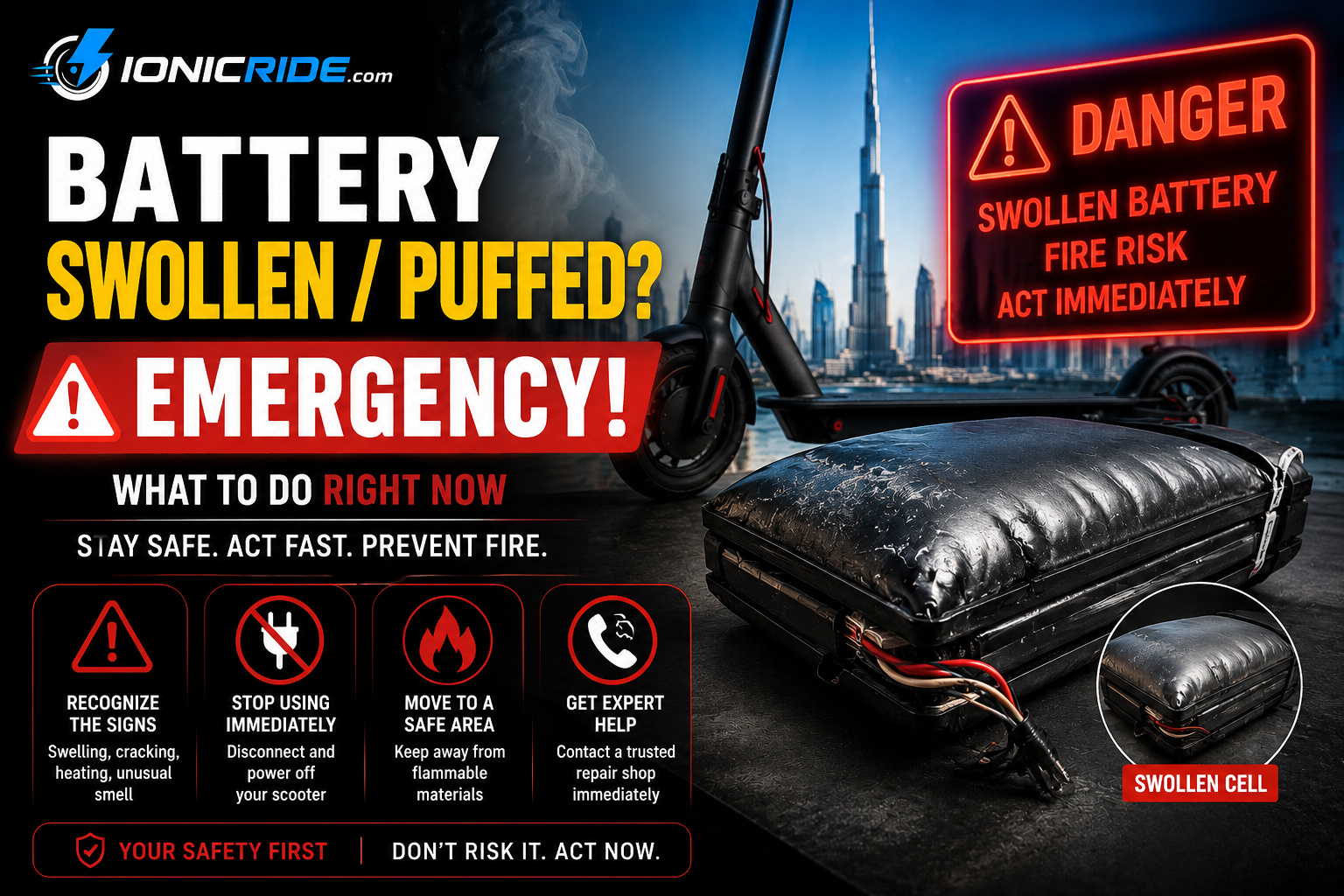 Swollen electric scooter battery with fire risk warning beside scooter in Dubai