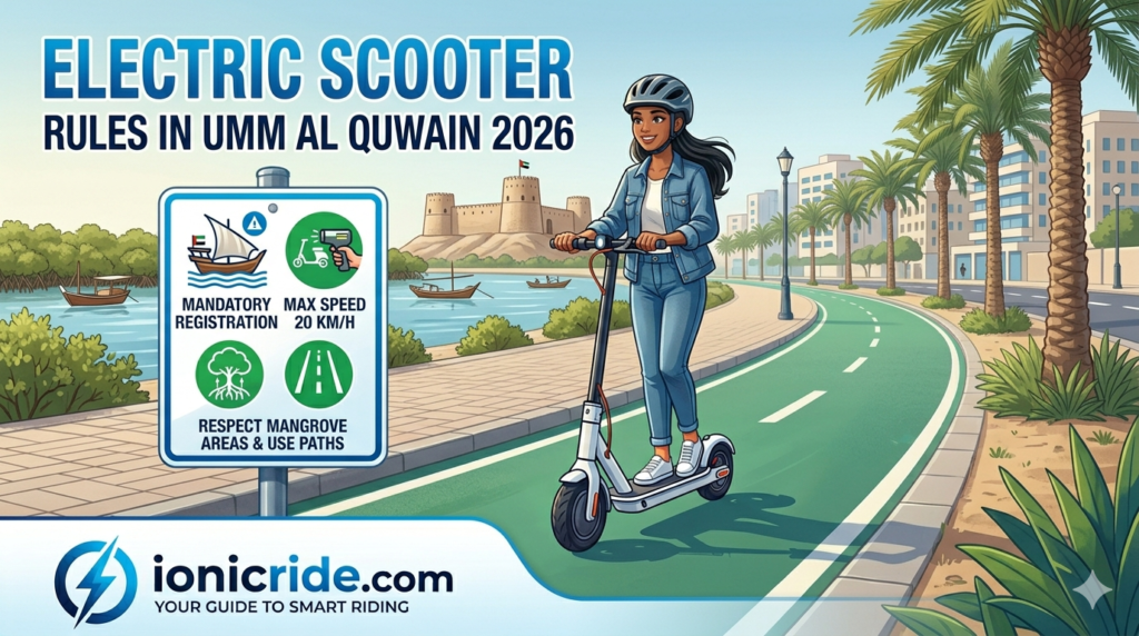 electric scooter rider with a modern helmet, next to a sign with four rules: 'NEW' Plate Registration 'AJM 1234', Max Speed 20 KM/H, Respect Family Beach Areas, Use Designated Paths. Text: 'ELECTRIC SCOOTER RULES IN AJMAN 2026'. Background shows an Ajman coastline with a fort and dhow boats