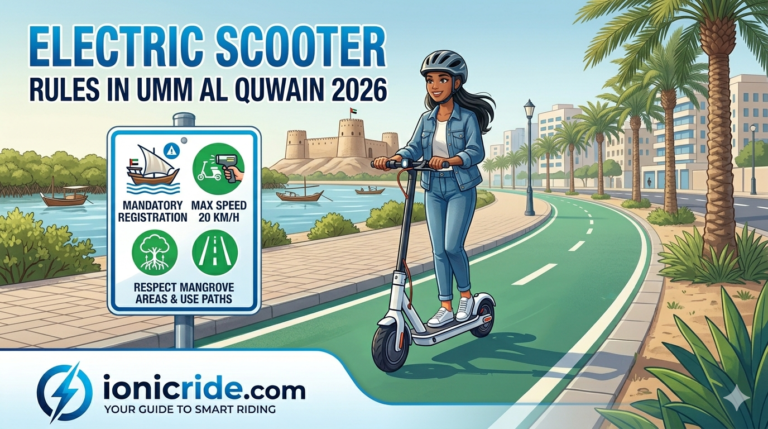 electric scooter rider with a modern helmet, next to a sign with four rules: 'NEW' Plate Registration 'AJM 1234', Max Speed 20 KM/H, Respect Family Beach Areas, Use Designated Paths. Text: 'ELECTRIC SCOOTER RULES IN AJMAN 2026'. Background shows an Ajman coastline with a fort and dhow boats
