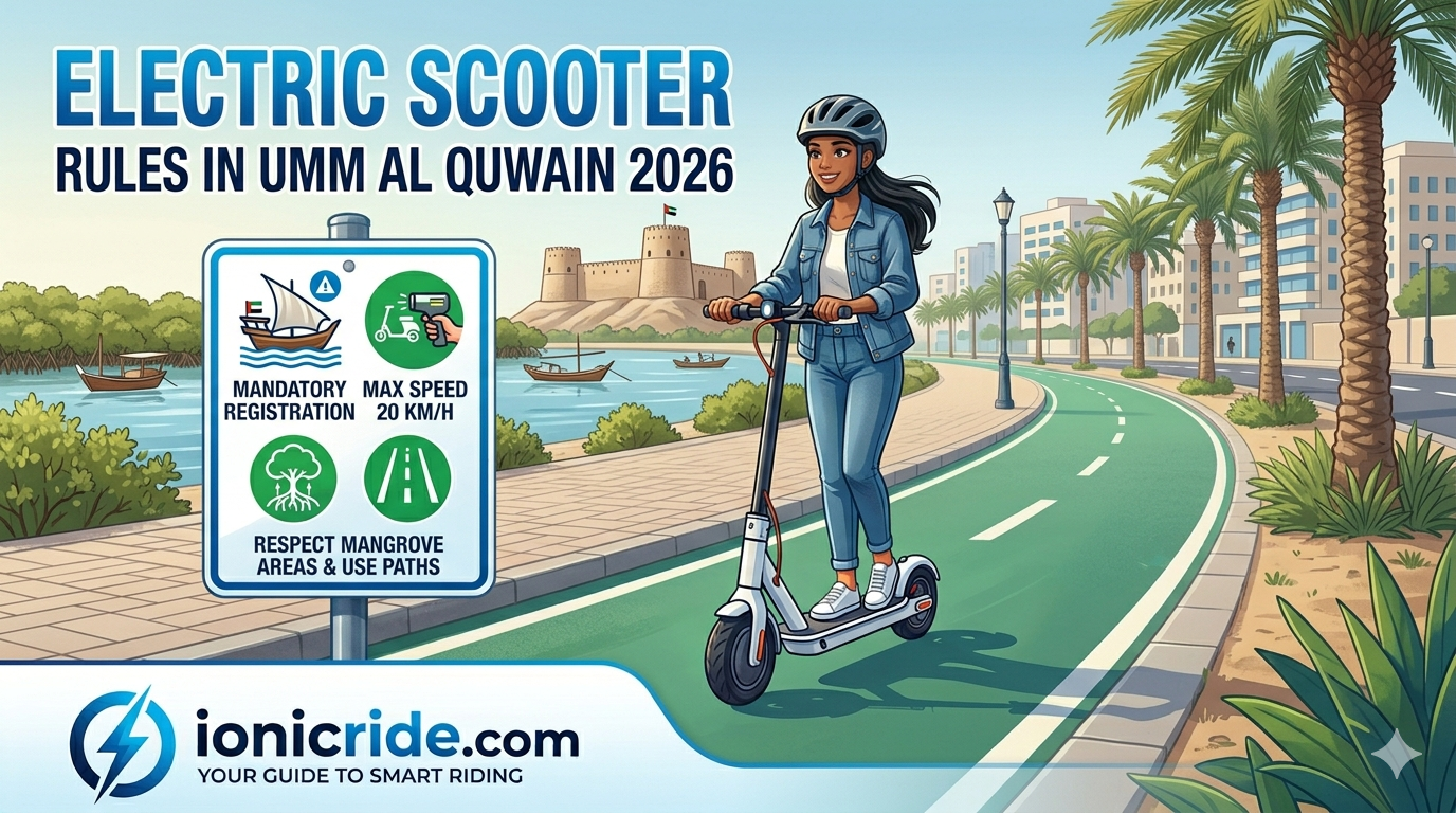 electric scooter rider with a modern helmet, next to a sign with four rules: 'NEW' Plate Registration 'AJM 1234', Max Speed 20 KM/H, Respect Family Beach Areas, Use Designated Paths. Text: 'ELECTRIC SCOOTER RULES IN AJMAN 2026'. Background shows an Ajman coastline with a fort and dhow boats