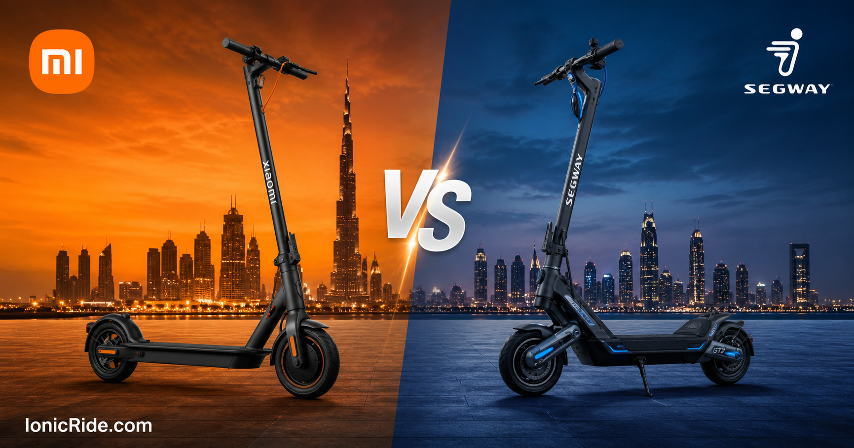 Xiaomi vs Segway electric scooters comparison in Dubai skyline at dusk with split orange and blue background