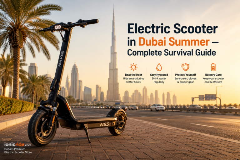 Electric scooter parked in direct Dubai summer sun on hot asphalt
