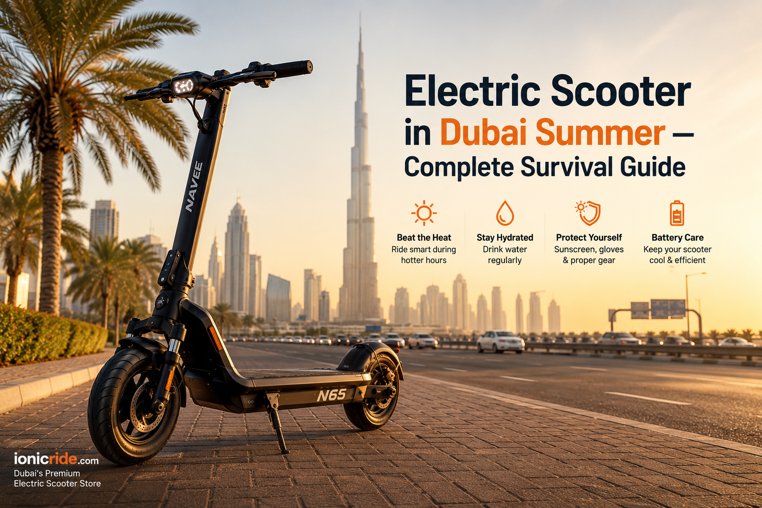 Electric scooter parked in direct Dubai summer sun on hot asphalt