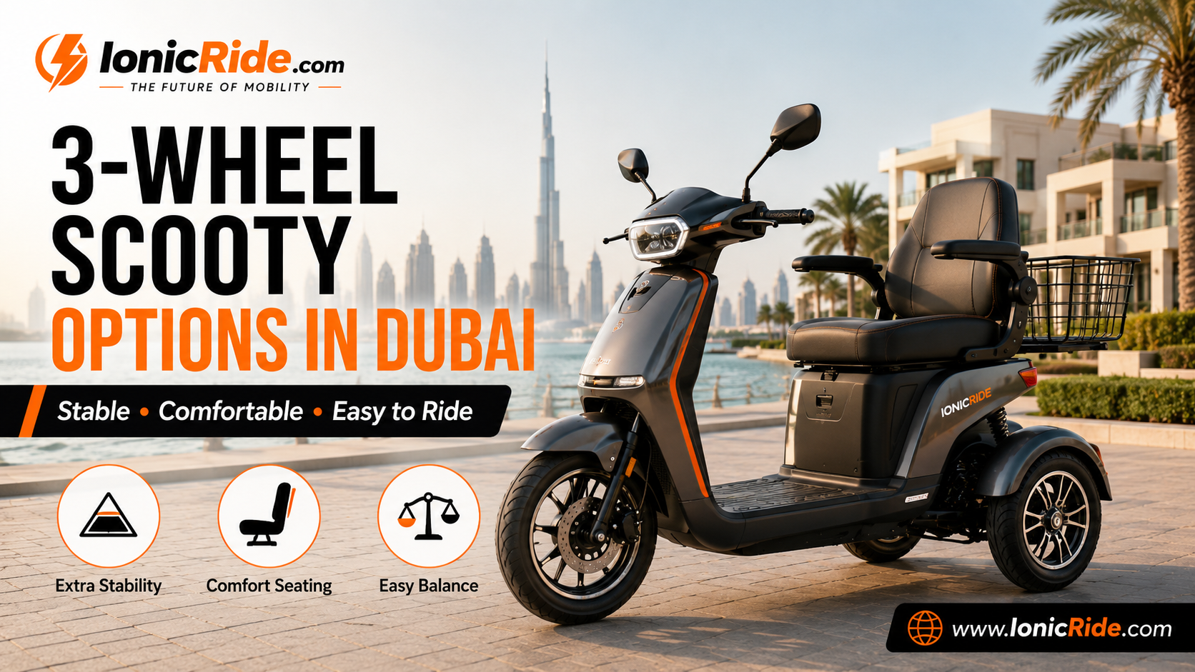 Three wheel scooty in Dubai with stable comfortable electric scooty design for ladies and daily riders