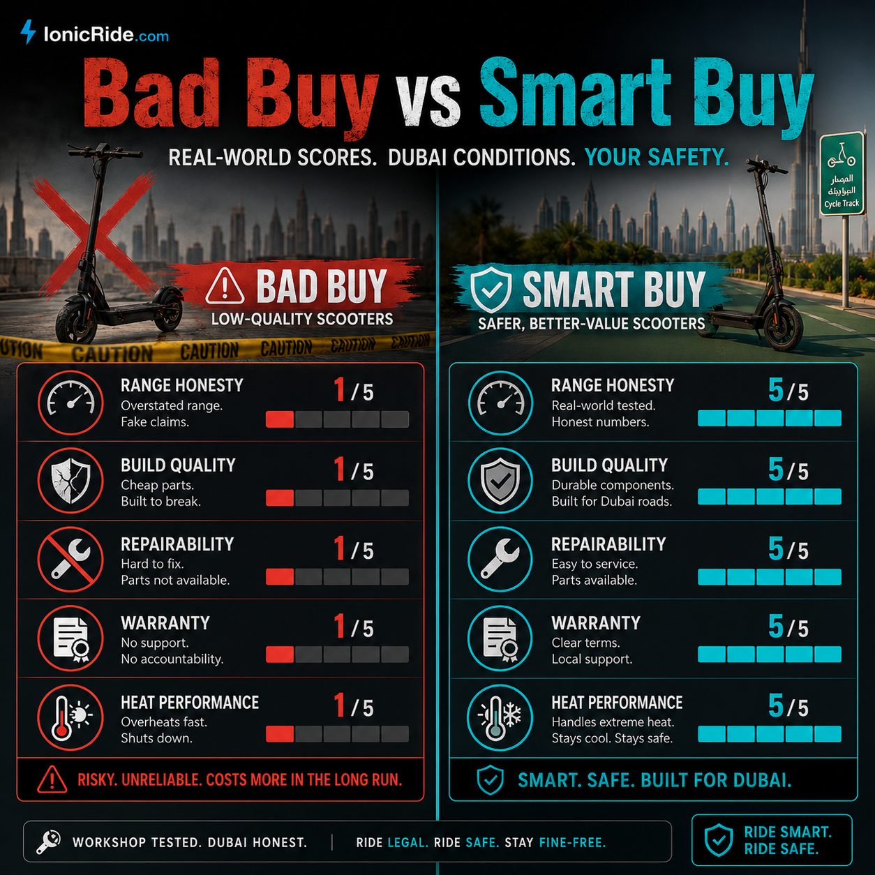 Bad Buy vs Smart Buy β Electric Scooter Comparison Guide Bad buy versus smart buy electric scooter comparison showing range, build quality, repairs, warranty and heat performance