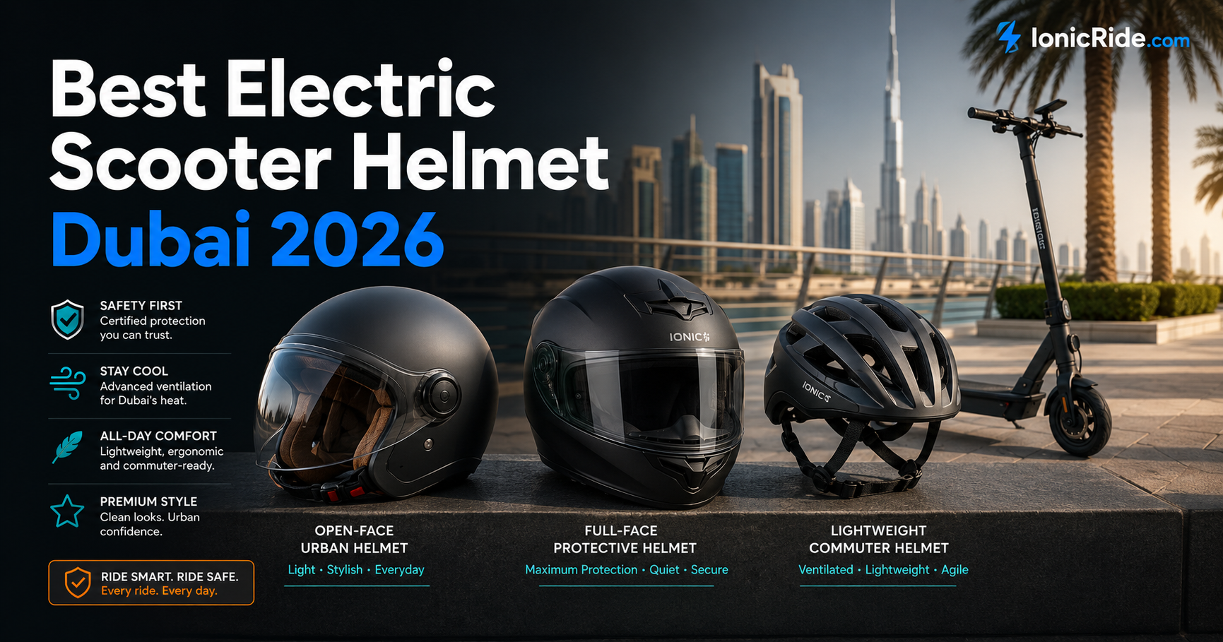 Best electric scooter helmets in Dubai 2026 showing premium commuter helmet styles for UAE riders