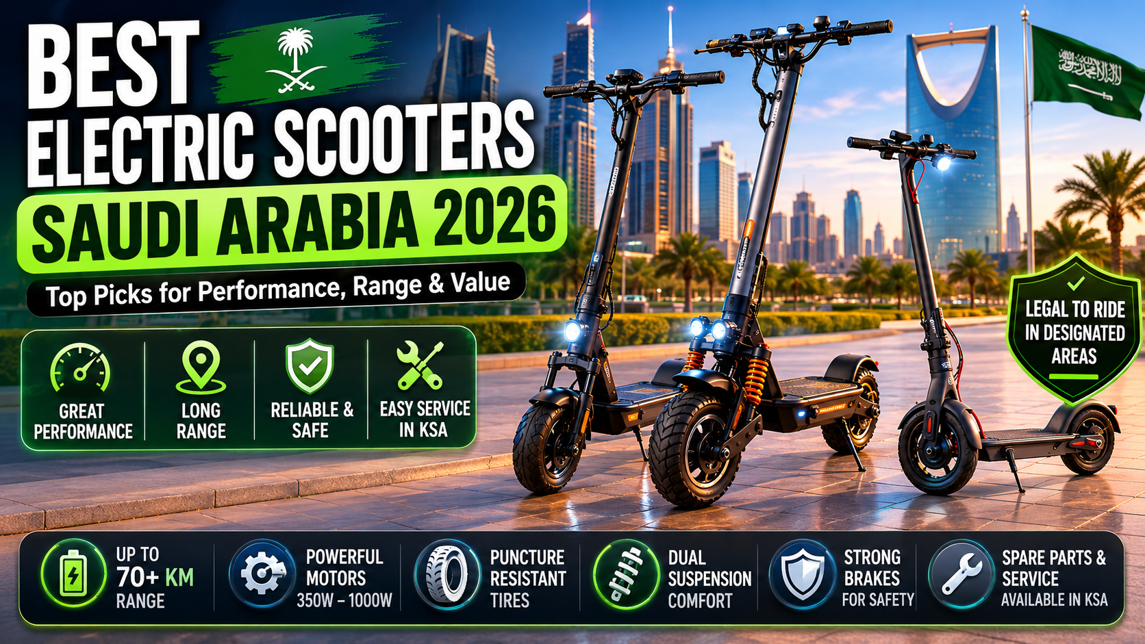 Best electric scooters in Saudi Arabia 2026 with three commuter scooters in Riyadh city setting, highlighting performance, range, safety, and service support.