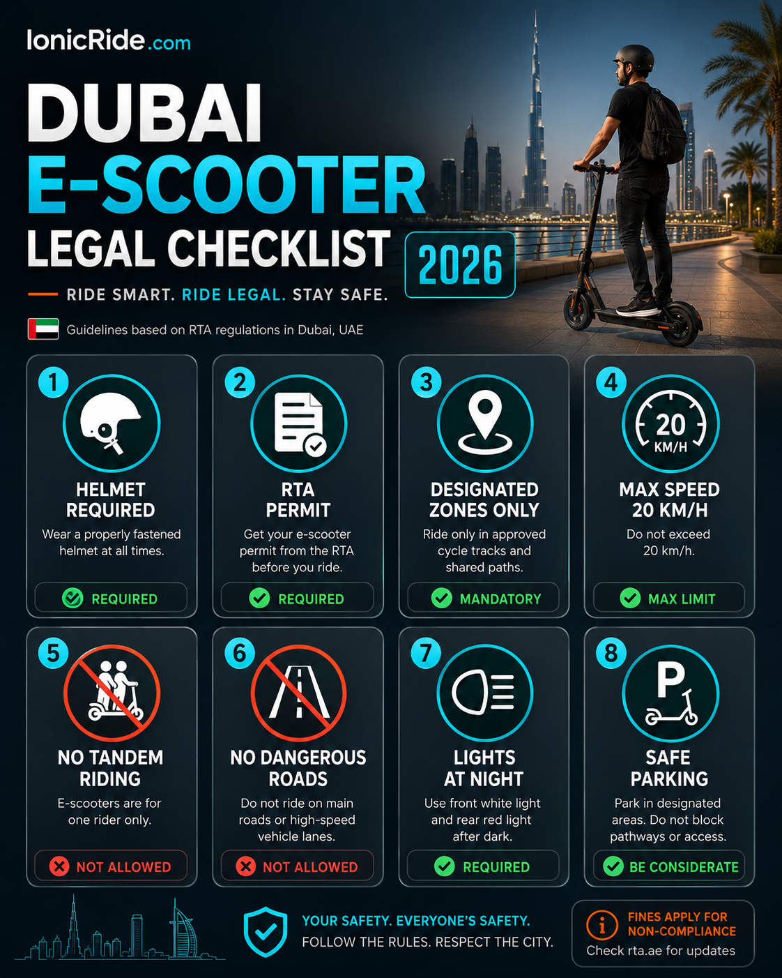 Dubai e-scooter legal checklist 2026 showing helmet, permit, riding zone and safety rules