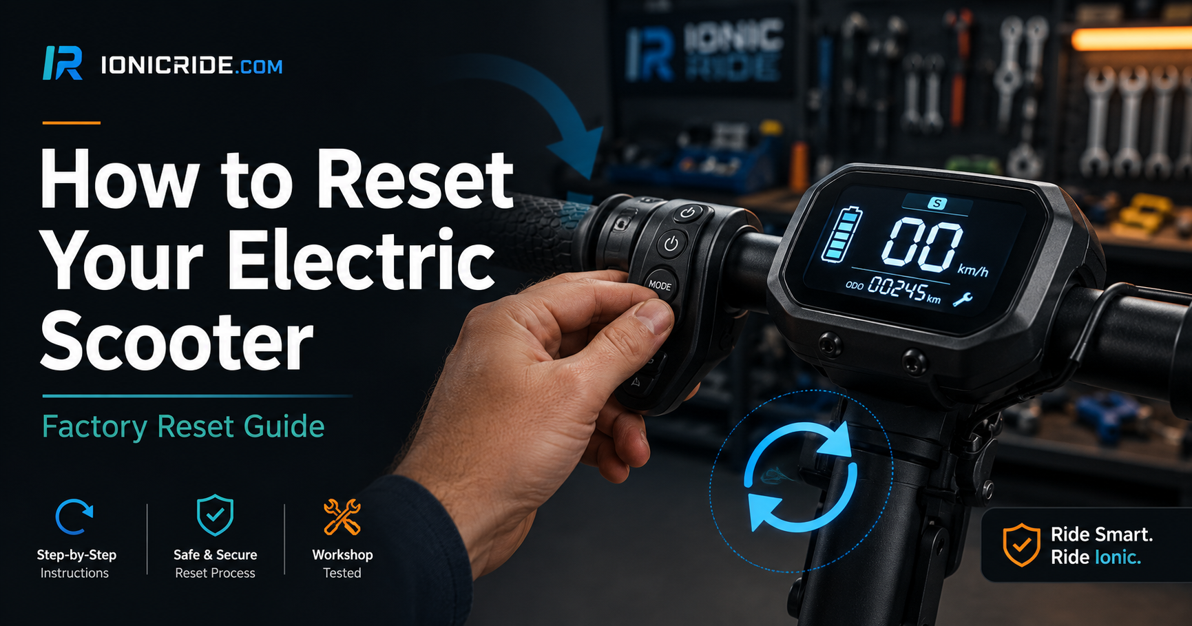 How to reset your electric scooter guide showing scooter dashboard controls and reset process