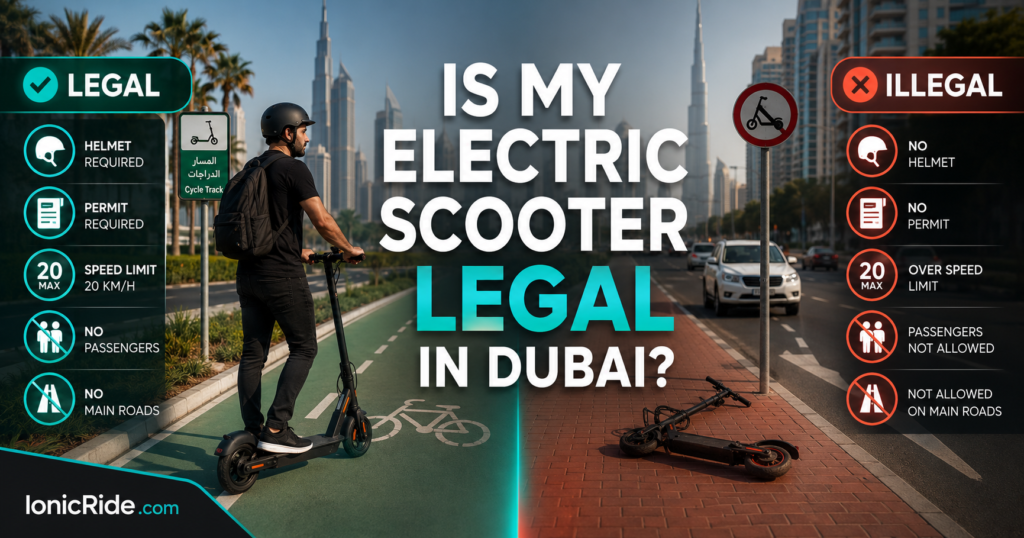 Is my electric scooter legal in Dubai guide showing a helmeted e-scooter rider and legal riding rules