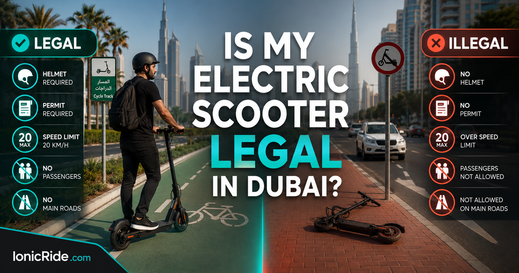 Is my electric scooter legal in Dubai guide showing a helmeted e-scooter rider and legal riding rules