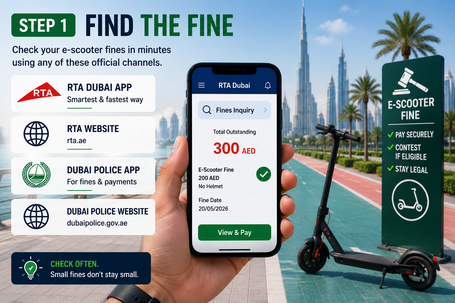 Step 1 Find the E-Scooter Fine in Dubai Step 1 find an e-scooter fine in Dubai using RTA Dubai app and Dubai Police fine inquiry channels