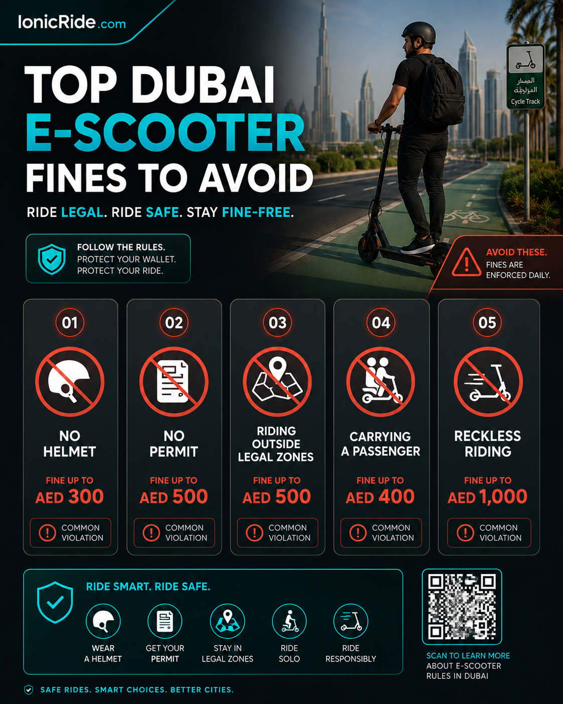 Top Dubai e-scooter fines to avoid infographic showing common violations and rider warnings