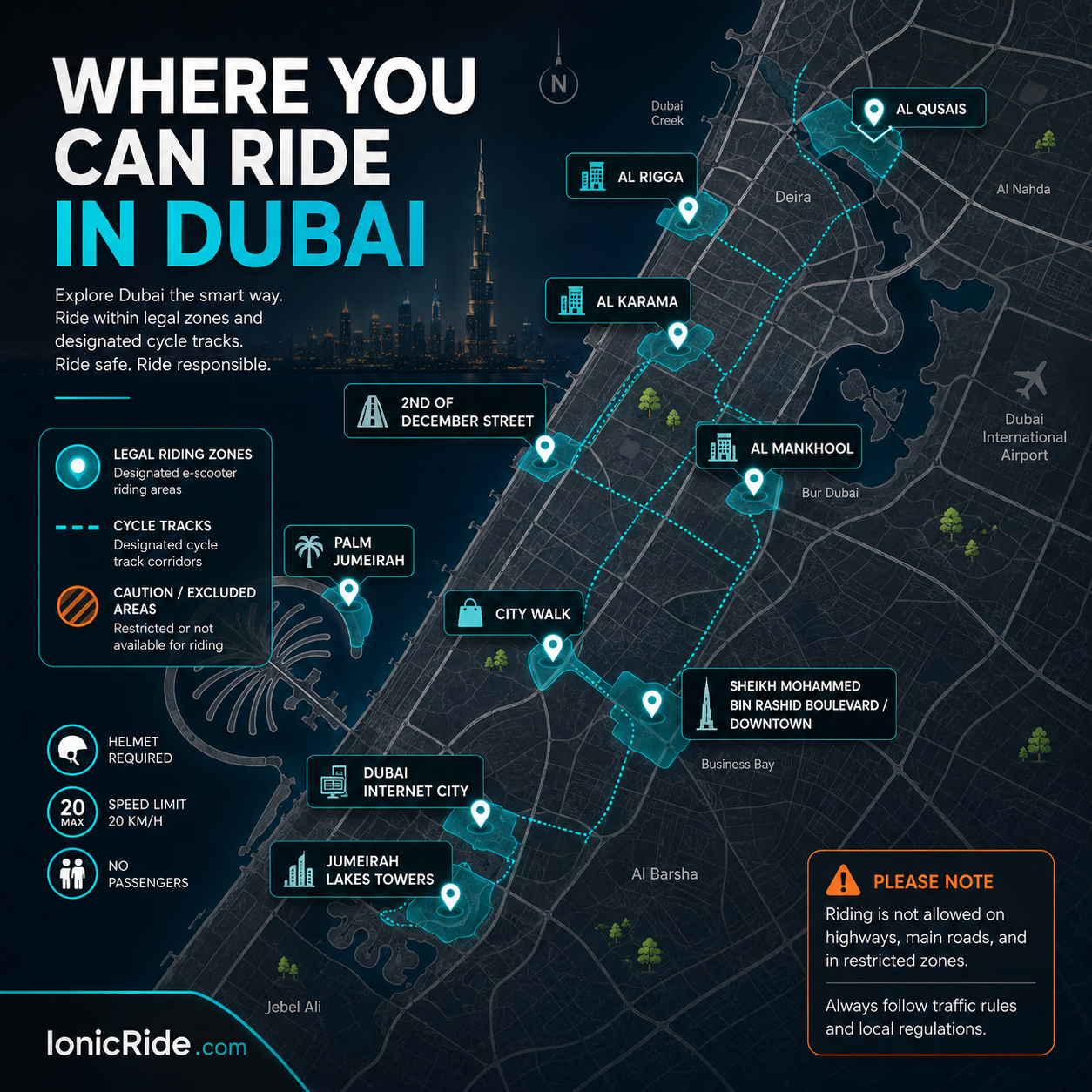 Where you can ride an electric scooter in Dubai map infographic showing designated riding areas