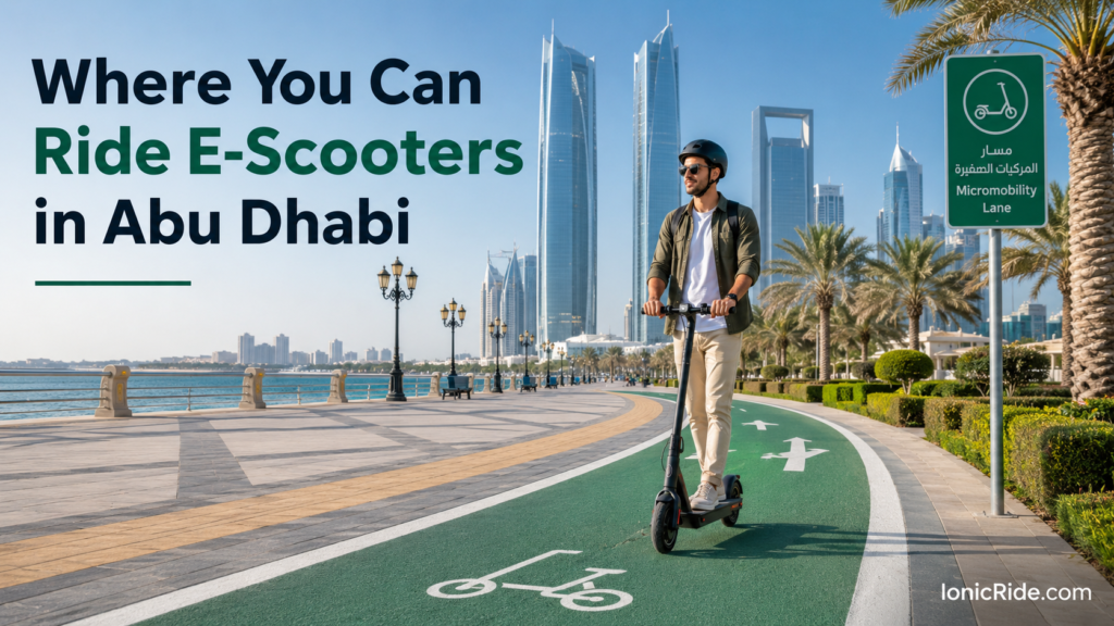 Abu Dhabi e-scooter rules 2026 guide showing a safe rider on a legal scooter path