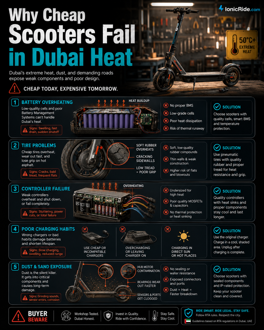 Why Cheap Electric Scooters Fail in Dubai Heat β UAE Reliability Guide Why cheap electric scooters fail in Dubai heat infographic showing battery, controller, tyre and dust problems