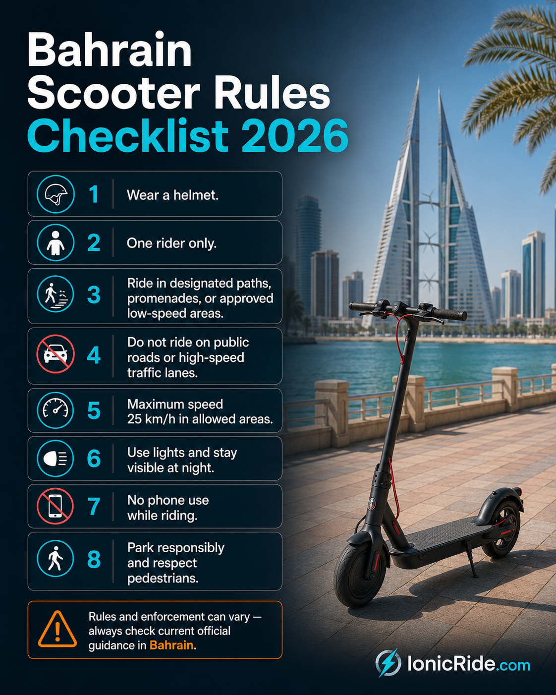 Bahrain electric scooter rules checklist 2026 Checklist of Bahrain electric scooter rules 2026 under Decision 58 of 2026 β internal roads only, 25 km/h max, no highways, age-linked use, penalties