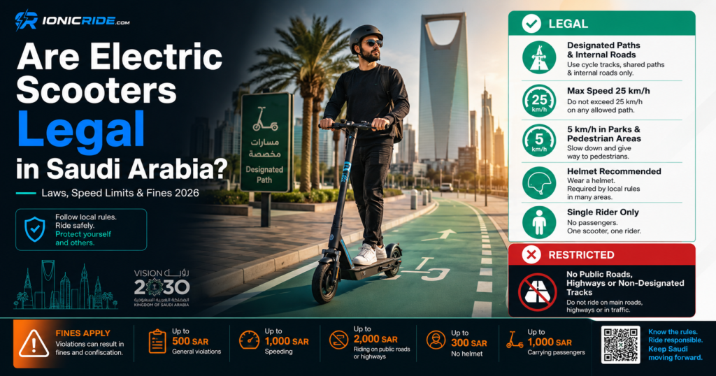 Electric scooter rider on a designated path in Saudi Arabia with legal e-scooter rules, speed limits, helmet guidance, and restricted road warnings for 2026.
